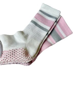 2 pack Balance Collection Pink, White & Gray Striped Non-Slip Crew Socks OS  NEW